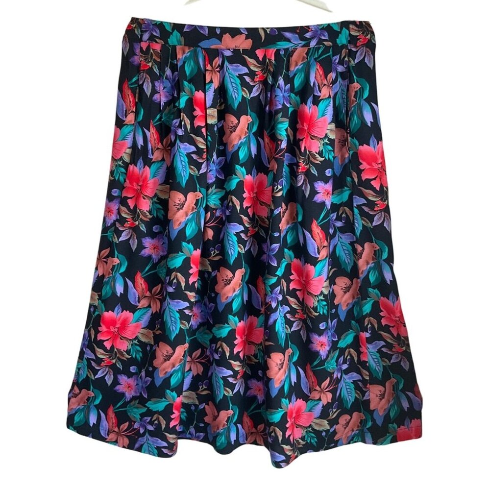 Vintage Sag Harbor Womens Sz Medium Midi Skirt Dark Floral Pull-on A-Line Colorf - Picture 1 of 8